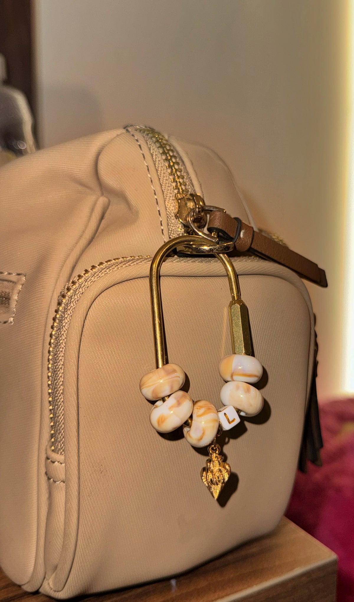 Beaded Carabiner with Letter & Seashell Charm