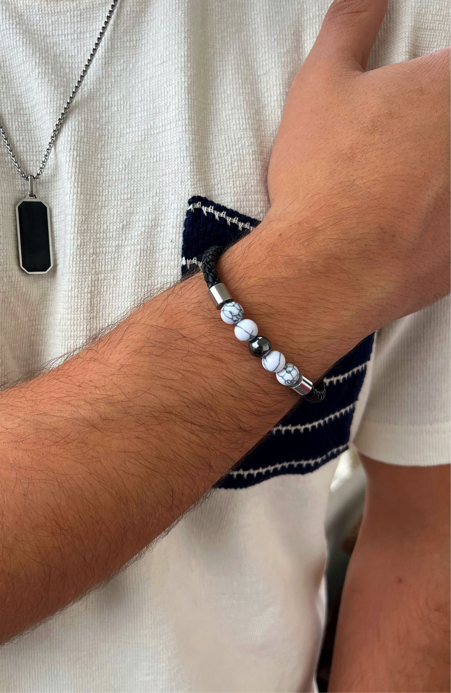 Black & White Beaded Men Leather Bracelet