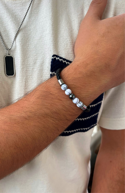 Black & White Beaded Men Leather Bracelet