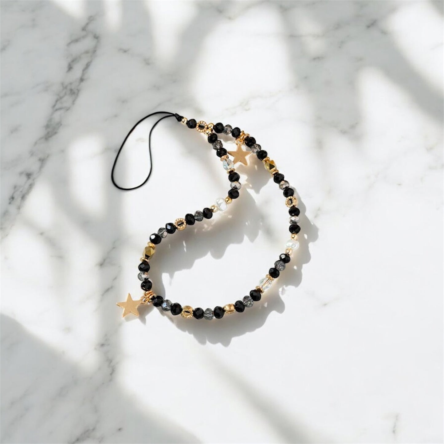 Black Beads with Gold Stars Phone Lanyard