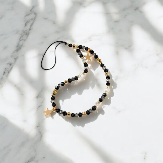 Black Beads with Gold Stars Phone Lanyard