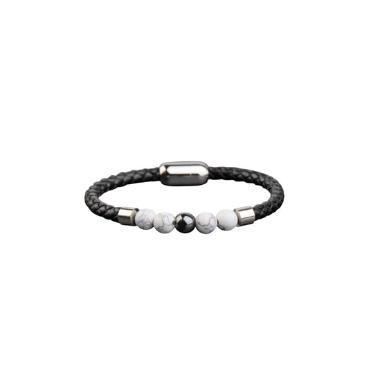 Black & White Beaded Men Leather Bracelet